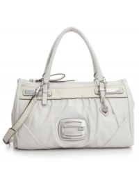 Keep things chic and sleek with this classic satchel design from GUESS. With shiny silvertone hardware and a subtle signature plaque at front, this versatile style will quickly become your everyday fave. Keep things chic and sleek with this classic satchel design from GUESS. With shiny silvertone hardware and a subtle signature plaque at front, this versatile style will quickly become your everyday fave.