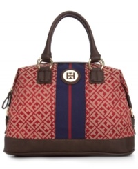 Elevate your style status with this posh, preppy purse from Tommy Hilfiger. Signature jacquard is bedecked with gleaming golden hardware and contrast striping, while the well-organized interior keeps all your essentials perfectly in place. Elevate your style status with this posh, preppy purse from Tommy Hilfiger. Signature jacquard is bedecked with gleaming golden hardware and contrast striping, while the well-organized interior keeps all your essentials perfectly in place.