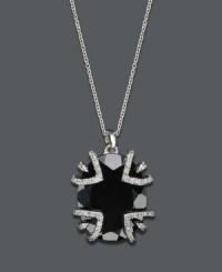 Express yourself with statement-making style. This bold pendant features a large onyx gemstone (12-1/3 ct. t.w.) accented by a diamond dusted (1/10 ct. t.w.) prong setting. Crafted in sterling silver. Approximate length: 18 inches. Approximate drop: 3/4 inch. Express yourself with statement-making style. This bold pendant features a large onyx gemstone (12-1/3 ct. t.w.) accented by a diamond dusted (1/10 ct. t.w.) prong setting. Crafted in sterling silver. Approximate length: 18 inches. Approximate drop: 3/4 inch.