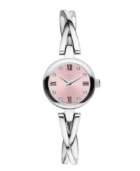 Elegance defined. Sienna collection watch from ESQ by Movado crafted of stainless steel crossover bracelet and round case. Pink dial features Roman numerals at twelve, three, six and nine o'clock, diamond accents, two silver tone hands and logo. Quartz movement. Water resistant to 30 meters. Two-year limited warranty.