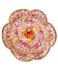 Striking and sparkling. Betsey Johnson's mixed metal antique gold tone stretch ring features a large gold-tone rose with ombre pave crystal accents and a gold-tone segmented ring shank. Striking and sparkling. Betsey Johnson's mixed metal antique gold tone stretch ring features a large gold-tone rose with ombre pave crystal accents and a gold-tone segmented ring shank.