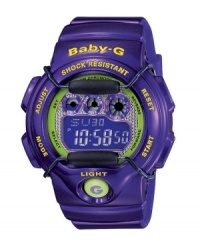 Escape just in time with this tropical purple and lime green watch by Baby-G. Purple resin strap and round case with yellow accents. Shock-resistant purple and lime green negative display digital dial features time, light, alarm, countdown timer, stopwatch and 12/24 hour formats. Digital dial. Water resistant to 200 meters. One-year limited warranty. Escape just in time with this tropical purple and lime green watch by Baby-G. Purple resin strap and round case with yellow accents. Shock-resistant purple and lime green negative display digital dial features time, light, alarm, countdown timer, stopwatch and 12/24 hour formats. Digital dial. Water resistant to 200 meters. One-year limited warranty.