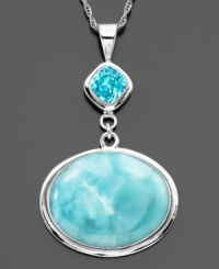 Larimer, a swirling stone with celestial beauty, is highlighted by round-cut blue topaz on this stunning sterling silver necklace. Approximate length: 16 inches + 2-inch extender. Approximate drop: 2 inches. Larimer, a swirling stone with celestial beauty, is highlighted by round-cut blue topaz on this stunning sterling silver necklace. Approximate length: 16 inches + 2-inch extender. Approximate drop: 2 inches.