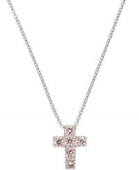 Devotionally designed. The perfect gift for a first communion, CRISLU's children's cross pendant features sparkling, round-cut cubic zirconias (1/3 ct. t.w.) in pretty pink hues. Crafted in platinum over sterling silver. Approximate length: 13 inches + 1-1/2-inch extender. Approximate drop: 1/2 inch. Devotionally designed. The perfect gift for a first communion, CRISLU's children's cross pendant features sparkling, round-cut cubic zirconias (1/3 ct. t.w.) in pretty pink hues. Crafted in platinum over sterling silver. Approximate length: 13 inches + 1-1/2-inch extender. Approximate drop: 1/2 inch.