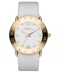 Simply pretty logo-loving style by Marc by Marc Jacobs. This watch features a white leather strap and round ion-plated goldtone stainless steel case. Logo at bezel. White dial with goldtone markers and logo. Quartz movement. Water resistant to 30 meters. Two-year limited warranty. Simply pretty logo-loving style by Marc by Marc Jacobs. This watch features a white leather strap and round ion-plated goldtone stainless steel case. Logo at bezel. White dial with goldtone markers and logo. Quartz movement. Water resistant to 30 meters. Two-year limited warranty.