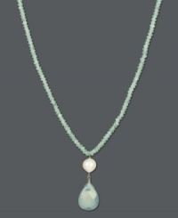 Sweet serenity in ocean-blue hues. A teardrop-shaped pendant in chalcedony and apatite (51-1/2 ct. t.w.) combines with a cultured freshwater pearl (8-8-1/2 mm) for a sophisticated look. Set in sterling silver. Approximate length: 17 inches. Approximate drop: 1-1/2 inches. Sweet serenity in ocean-blue hues. A teardrop-shaped pendant in chalcedony and apatite (51-1/2 ct. t.w.) combines with a cultured freshwater pearl (8-8-1/2 mm) for a sophisticated look. Set in sterling silver. Approximate length: 17 inches. Approximate drop: 1-1/2 inches.