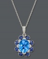 A true blue sensation. Le Vian's cool pendant features a beautiful flower shape with an oval-cut blue topaz at center (3-9/10 ct. t.w.) surrounded by petals decorated with diamonds (1/10 ct. t.w.) and sapphires (1/3 ct. t.w.). Set in 14k white gold. Approximate length: 18 inches. Approximate drop: 1 inch.