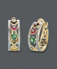 Add a little flavor to your favorite earring style. Victoria Townsend's nature-inspired hoop earrings feature a floral pattern that highlights round-cut sapphires (1/5 ct. t.w.), rubies (1/5 ct. t.w.), emeralds (1/5 ct. t.w.) and diamond accents. Crafted in 18k gold over sterling silver. Approximate diameter: 3/4 inch. Add a little flavor to your favorite earring style. Victoria Townsend's nature-inspired hoop earrings feature a floral pattern that highlights round-cut sapphires (1/5 ct. t.w.), rubies (1/5 ct. t.w.), emeralds (1/5 ct. t.w.) and diamond accents. Crafted in 18k gold over sterling silver. Approximate diameter: 3/4 inch.
