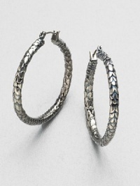This dragon scale design is a textural style that's edgy and chic. Rhodium and palladium-plated brassLength, about 1.5Hinged post backImported This dragon scale design is a textural style that's edgy and chic. Rhodium and palladium-plated brassLength, about 1.5Hinged post backImported