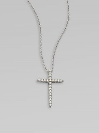 A beautiful cross that sparkles with diamonds in 18k gold on a chain link necklace. Diamonds, .1 tcw18k white goldLength, about 16 to 18 adjustablePendant size, about ½ Lobster clasp closureMade in Italy A beautiful cross that sparkles with diamonds in 18k gold on a chain link necklace. Diamonds, .1 tcw18k white goldLength, about 16 to 18 adjustablePendant size, about ½ Lobster clasp closureMade in Italy