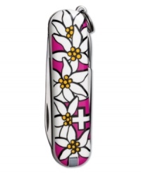 A pocketknife never looked better. The sterling silver & pink acrylic Swiss Army classic Edelweiss pocket knife features a blade, nail file with nail cleaner, scissors, key ring, tweezers and toothpick. Lifetime guarantee against any defects in material and workmanship. Approximate length: 2-1/4 inches. A pocketknife never looked better. The sterling silver & pink acrylic Swiss Army classic Edelweiss pocket knife features a blade, nail file with nail cleaner, scissors, key ring, tweezers and toothpick. Lifetime guarantee against any defects in material and workmanship. Approximate length: 2-1/4 inches.