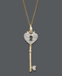 Unlock the key to her heart with this symbolic style. A heart-shaped key pendant with a cut-out keyhole shines with the addition of sparkling, round-cut diamonds (1/10 ct. t.w.). Setting and chain crafted in 18k gold over sterling silver. Approximate length: 18 inches. Approximate drop: 1-3/8 inches. Unlock the key to her heart with this symbolic style. A heart-shaped key pendant with a cut-out keyhole shines with the addition of sparkling, round-cut diamonds (1/10 ct. t.w.). Setting and chain crafted in 18k gold over sterling silver. Approximate length: 18 inches. Approximate drop: 1-3/8 inches.