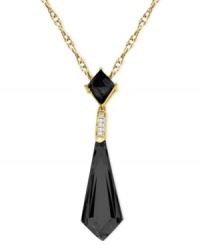 Look sharp and chic with this onyx (12-5/8 ct. t.w.) dagger pendant, adorned with diamond accents. The necklace is crafted from 10k gold. Approximate length: 18 inches. Approximate drop length: 1-1/2 inches. Approximate drop width: 1/3 inch. Look sharp and chic with this onyx (12-5/8 ct. t.w.) dagger pendant, adorned with diamond accents. The necklace is crafted from 10k gold. Approximate length: 18 inches. Approximate drop length: 1-1/2 inches. Approximate drop width: 1/3 inch.