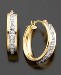 You'll love these miniature hoops with a big dose of beauty. These earrings feature round-cut diamond accents set in 14k gold. Approximate diameter: 1/2 inch. You'll love these miniature hoops with a big dose of beauty. These earrings feature round-cut diamond accents set in 14k gold. Approximate diameter: 1/2 inch.