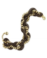 Indulge in this treat. Alfani's intriguing bracelet combines woven chocolate chains and golden beads for a picture-perfect look. Set in gold tone mixed metal. Approximate length: 8 inches + 1-inch extender. Indulge in this treat. Alfani's intriguing bracelet combines woven chocolate chains and golden beads for a picture-perfect look. Set in gold tone mixed metal. Approximate length: 8 inches + 1-inch extender.