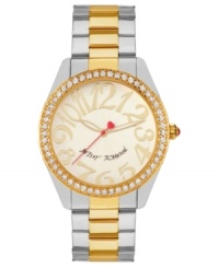 Shining example of pure fashion, by Betsey Johnson. This two-tone watch features crystal accents and eye-catching numerals at the dial. Shining example of pure fashion, by Betsey Johnson. This two-tone watch features crystal accents and eye-catching numerals at the dial.