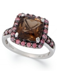 Shift into neutral. This stunning sterling silver ring highlights a square-cut smokey quartz (2-3/8 ct. t.w.) and a halo of round-cut pink Swarovski zirconias (7/8 ct. t.w.). Size 7. Shift into neutral. This stunning sterling silver ring highlights a square-cut smokey quartz (2-3/8 ct. t.w.) and a halo of round-cut pink Swarovski zirconias (7/8 ct. t.w.). Size 7.