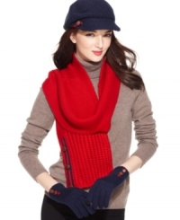 Top off your winter look with this adorable knit cap from Tommy Hilfiger. Features faux leather buttons and preppy, signature stripe, for a look that's effortlessly all-American. Top off your winter look with this adorable knit cap from Tommy Hilfiger. Features faux leather buttons and preppy, signature stripe, for a look that's effortlessly all-American.