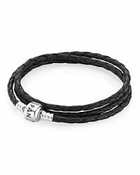 Showcase your charm collection with a bohemian leather bracelet from PANDORA. This style wraps three times around the wrist and secures with a sterling silver signature clasp. Showcase your charm collection with a bohemian leather bracelet from PANDORA. This style wraps three times around the wrist and secures with a sterling silver signature clasp.
