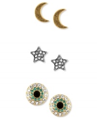 Light up the night. This set of 3 stud earrings from RACHEL Rachel Roy will have you feeling quite heavenly. Crafted from worn gold and silver-tone mixed metal with glass accents. Approximate drop: 3/8 inch. Light up the night. This set of 3 stud earrings from RACHEL Rachel Roy will have you feeling quite heavenly. Crafted from worn gold and silver-tone mixed metal with glass accents. Approximate drop: 3/8 inch.
