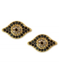 Keep an eye out for modern fashion. These stud earrings from RACHEL Rachel Roy flaunt moody glass stones on an evil eye design. Crafted in worn gold tone mixed metal. Approximate drop: 1/4 inch. Approximate diameter: 5/8 inch. Keep an eye out for modern fashion. These stud earrings from RACHEL Rachel Roy flaunt moody glass stones on an evil eye design. Crafted in worn gold tone mixed metal. Approximate drop: 1/4 inch. Approximate diameter: 5/8 inch.