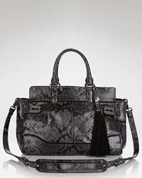 This Rafe New York satchel tackles the exotic accessories trend in printed leather. Yet it's the bag's practical side that truly tips the scales. This Rafe New York satchel tackles the exotic accessories trend in printed leather. Yet it's the bag's practical side that truly tips the scales.