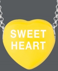 Everyone's favorite sentimental sweet. Sweethearts' adorable heart-shaped pendant expresses more that just great style with the words SWEET HEART written across a bright yellow enamel surface. Pendant crafted in sterling silver. Copyright © 2011 New England Confectionery Company. Approximate length: 16 inches + 2-inch extender. Approximate drop: 5/8 inch. Everyone's favorite sentimental sweet. Sweethearts' adorable heart-shaped pendant expresses more that just great style with the words SWEET HEART written across a bright yellow enamel surface. Pendant crafted in sterling silver. Copyright © 2011 New England Confectionery Company. Approximate length: 16 inches + 2-inch extender. Approximate drop: 5/8 inch.