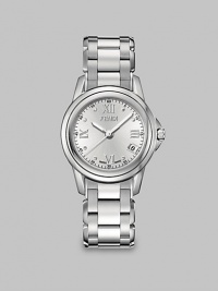 From the Fendi Loop Collection. A classic timepiece in sleek stainless steel. Swiss quartz movementWater resistant to 5 ATMRound stainless steel case, 30mm (1.1)Smooth bezelStainless steel dialRoman numeral and dot hour markersDate display at 4 o'clockSecond hand Stainless steel link bracelet, 16mm wide (0.6)Made in Switzerland From the Fendi Loop Collection. A classic timepiece in sleek stainless steel. Swiss quartz movementWater resistant to 5 ATMRound stainless steel case, 30mm (1.1)Smooth bezelStainless steel dialRoman numeral and dot hour markersDate display at 4 o'clockSecond hand Stainless steel link bracelet, 16mm wide (0.6)Made in Switzerland