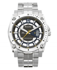 Utilitarian design to get the job done right, by Bulova. This Precisionist collection watch features a continuously sweeping second hand to keep time accurate to ten seconds a year. Round stainless steel case and bracelet. Lugs at four corners of bezel. Carbon dial with applied index features luminous hour and minute hands, yellow second hand, silvertone stick indices, date window at three o'clock and logo. Quartz movmement. Water resistant to 300 meters. Three-year limited warranty. Utilitarian design to get the job done right, by Bulova. This Precisionist collection watch features a continuously sweeping second hand to keep time accurate to ten seconds a year. Round stainless steel case and bracelet. Lugs at four corners of bezel. Carbon dial with applied index features luminous hour and minute hands, yellow second hand, silvertone stick indices, date window at three o'clock and logo. Quartz movmement. Water resistant to 300 meters. Three-year limited warranty.