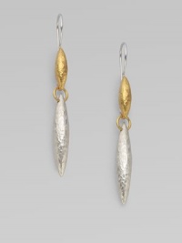 From the Wheat Collection. Two daggers, one 24k yellow gold, one sterling silver, are connected by a single ring.Sterling silver 24k yellow gold Drop, about 2¼ Ear wire Imported From the Wheat Collection. Two daggers, one 24k yellow gold, one sterling silver, are connected by a single ring.Sterling silver 24k yellow gold Drop, about 2¼ Ear wire Imported