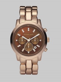 A rose goldtone finish gives a warm glow to a stainless steel chronograph with a lustrous chocolate dial.Quartz movement Water-resistant to 10ATM Polished bezel Round stainless steel case with rose goldtone finish, 42mm (1.69) Chocolate mother-of-pearl dial with crystal hour markers Three chronograph sub dials Date display at 4 o'clock Second hand Rose goldtone-finished stainless steel link bracelet Imported A rose goldtone finish gives a warm glow to a stainless steel chronograph with a lustrous chocolate dial.Quartz movement Water-resistant to 10ATM Polished bezel Round stainless steel case with rose goldtone finish, 42mm (1.69) Chocolate mother-of-pearl dial with crystal hour markers Three chronograph sub dials Date display at 4 o'clock Second hand Rose goldtone-finished stainless steel link bracelet Imported