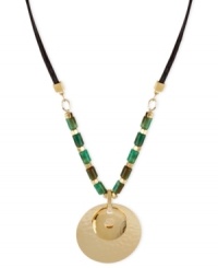Blended beauty. Robert Lee Morris brings together a double-hammered pendant and accents crafted from gold-tone mixed metal, resin beads and leather to a fashionable effect. Approximate length: 17 inches + 3-inch extender. Blended beauty. Robert Lee Morris brings together a double-hammered pendant and accents crafted from gold-tone mixed metal, resin beads and leather to a fashionable effect. Approximate length: 17 inches + 3-inch extender.