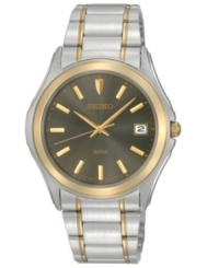 Striking design and meticulous performance by Citizen. Watch crafted of two-tone stainless steel bracelet and round case. Gray dial features applied gold tone stick indices, minute track, date window at three o'clock, three hands and logo. Quartz movement. Water resistant to 50 meters. Three-year limited warranty. Striking design and meticulous performance by Citizen. Watch crafted of two-tone stainless steel bracelet and round case. Gray dial features applied gold tone stick indices, minute track, date window at three o'clock, three hands and logo. Quartz movement. Water resistant to 50 meters. Three-year limited warranty.