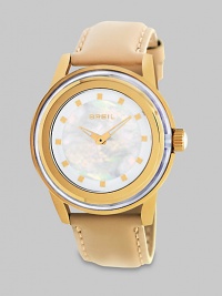 From the Orchestra Collection. Supple leather adds interest to this classic timepiece. Quartz movementWater resistant to 10 ATMRound goldtone ion-plated stainless steel case, 40.5mm (1.6) Smooth bezelMother-of-pearl dialDot hour markersTan leather strapImported From the Orchestra Collection. Supple leather adds interest to this classic timepiece. Quartz movementWater resistant to 10 ATMRound goldtone ion-plated stainless steel case, 40.5mm (1.6) Smooth bezelMother-of-pearl dialDot hour markersTan leather strapImported