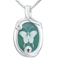 Sterling Silver Green Agate Butterfly Cameo Pendant Necklace, 18 Sterling Silver Green Agate Butterfly Cameo Pendant Necklace, 18