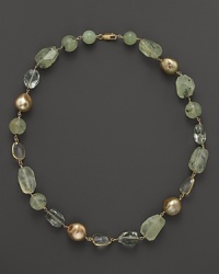 Champagne-hued cultured freshwater pearls add luster to this earthy green amethyst and prehnite necklace from Lara Gold for LTC. Champagne-hued cultured freshwater pearls add luster to this earthy green amethyst and prehnite necklace from Lara Gold for LTC.