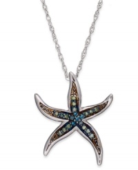 Shine like a star! This pendant, set in sterling silver, gets a glistening touch with blue and green diamond accents (1/10 ct. t.w.) for this whimsical starfish silhouette. Approximate length: 18 inches. Approximate drop: 3/4 inch. Shine like a star! This pendant, set in sterling silver, gets a glistening touch with blue and green diamond accents (1/10 ct. t.w.) for this whimsical starfish silhouette. Approximate length: 18 inches. Approximate drop: 3/4 inch.