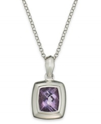 Poignant in purple. This pretty pendant features a chic cushion shape that highlights an amethyst (4-3/4 ct. t.w.) bezel set in sterling silver with a matching chain. Approximate length: 18 inches. Approximate drop: 1/2 inch. Poignant in purple. This pretty pendant features a chic cushion shape that highlights an amethyst (4-3/4 ct. t.w.) bezel set in sterling silver with a matching chain. Approximate length: 18 inches. Approximate drop: 1/2 inch.