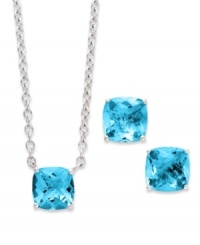 A fun and colorful update to your wardrobe, this matching pendant and earrings set features cushion-cut blue topaz (5 ct. t.w.) set in sterling silver. Approximate length: 18 inches. Approximate drop (pendant): 1/4 inch. Approximate drop (earrings): 1/4 inch. A fun and colorful update to your wardrobe, this matching pendant and earrings set features cushion-cut blue topaz (5 ct. t.w.) set in sterling silver. Approximate length: 18 inches. Approximate drop (pendant): 1/4 inch. Approximate drop (earrings): 1/4 inch.