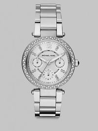 From the Parker Collection. Truly sparkle in this technical timepiece with Swarovski crystal accents. Quartz movementWater resistant to 10 ATMRound stainless steel case, 33mm (1.3) Swarovski crystal accented bezelSilvertone dialNumeric and Swarovski crystal hour markersThree multi-function sub-dialsSecond hand Stainless steel link braceletImported