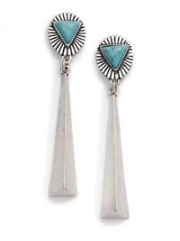 THE LOOKSouthwestern-inspired designTurquoise accentTriangle drop detailSilverplated settingPost backTHE MEASUREMENTLength, about 2.5ORIGINMade in USA THE LOOKSouthwestern-inspired designTurquoise accentTriangle drop detailSilverplated settingPost backTHE MEASUREMENTLength, about 2.5ORIGINMade in USA