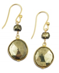 Add a touch of glamour. Faceted pyrite drops (20-1/3 ct. t.w.) and a luxe look to a stunning pair of drop earrings. Crafted in 18k gold over sterling silver. Approximate drop: 1 inch. Add a touch of glamour. Faceted pyrite drops (20-1/3 ct. t.w.) and a luxe look to a stunning pair of drop earrings. Crafted in 18k gold over sterling silver. Approximate drop: 1 inch.