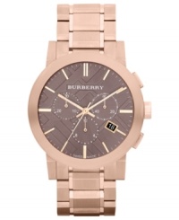This Burberry timepiece flaunts luxurious details, like rose-gold hues, Swiss precision and chronograph tech. This Burberry timepiece flaunts luxurious details, like rose-gold hues, Swiss precision and chronograph tech.
