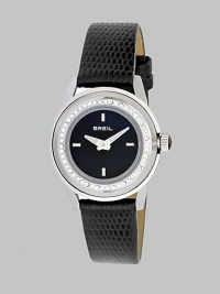 From the Orchestra Collection. A luxurious timepiece in sleek stainless steel with a dazzling Swarovski crystal bezel. Quartz movementWater resistant to 10 ATMRound stainless steel case, 28mm (1.1) Swarovski crystal accented bezelBlack dialFour bar markersBlack lizard strapImported From the Orchestra Collection. A luxurious timepiece in sleek stainless steel with a dazzling Swarovski crystal bezel. Quartz movementWater resistant to 10 ATMRound stainless steel case, 28mm (1.1) Swarovski crystal accented bezelBlack dialFour bar markersBlack lizard strapImported