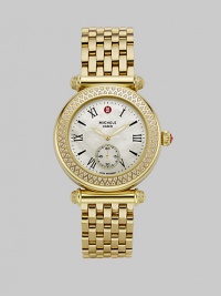 A stunning mother of pearl dial surrounded by a dazzling diamond bezel.Swiss quartz movement Water resistant to 5 ATM Diamond bezel, 0.58 tcw Goldplated stainless steel round case, 37mm, (1.46) Mineral crystal Mother of pearl dial Roman numeral hour markers Second dub-dial Stainless link bracelet, 18mm, (.71) Imported A stunning mother of pearl dial surrounded by a dazzling diamond bezel.Swiss quartz movement Water resistant to 5 ATM Diamond bezel, 0.58 tcw Goldplated stainless steel round case, 37mm, (1.46) Mineral crystal Mother of pearl dial Roman numeral hour markers Second dub-dial Stainless link bracelet, 18mm, (.71) Imported