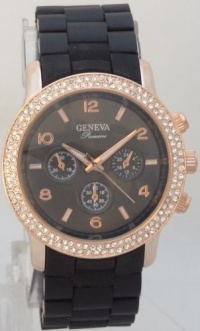 Geneva Quartz Chronograph Look Rose Gold N Black ceramic-style With Rhinestones Geneva Quartz Chronograph Look Rose Gold N Black ceramic-style With Rhinestones