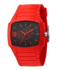 Devilishly fun. Stir up trouble with this candy apple red watch by Diesel. Red silicone strap and square red silicone-plated stainless steel case, 48x43mm. Black dial features applied red stick indices, minute track, numeral at nine o'clock, military time, three hands and logo. Quartz movement. Water resistant to 50 meters. Two-year limited warranty. Devilishly fun. Stir up trouble with this candy apple red watch by Diesel. Red silicone strap and square red silicone-plated stainless steel case, 48x43mm. Black dial features applied red stick indices, minute track, numeral at nine o'clock, military time, three hands and logo. Quartz movement. Water resistant to 50 meters. Two-year limited warranty.