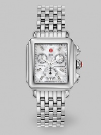 From the Deco Day Collection. A modern shape in stainless steel with a lustrous mother-of-pearl dial, chronograph functions and sparkling diamond accents. From the Deco Day Collection. A modern shape in stainless steel with a lustrous mother-of-pearl dial, chronograph functions and sparkling diamond accents.