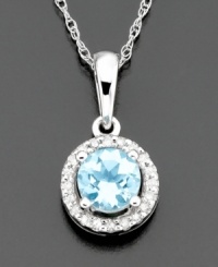 Accessorize your neckline with a light and bright pendant featuring round-cut aquamarine (3/8 ct. t.w.) surrounded by sparkling diamond accents. Set in 14k white gold. Chain measures 18 inches; drop measures 1/2 inch. Accessorize your neckline with a light and bright pendant featuring round-cut aquamarine (3/8 ct. t.w.) surrounded by sparkling diamond accents. Set in 14k white gold. Chain measures 18 inches; drop measures 1/2 inch.