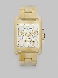 Add interest with this beautifully, technical timepiece. Analog movementWater resistant to 5 ATMSquare acetate case, 36mm (1.4)X 36mm (1.4)Smooth bezelMother-of-pearl dialNumeric and bar hour markersDate display between 4 and 5 o'clockSecond hand Acetate link braceletImported Add interest with this beautifully, technical timepiece. Analog movementWater resistant to 5 ATMSquare acetate case, 36mm (1.4)X 36mm (1.4)Smooth bezelMother-of-pearl dialNumeric and bar hour markersDate display between 4 and 5 o'clockSecond hand Acetate link braceletImported